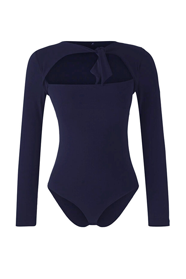 Lacivert Düz Asimetrik Yaka Uzun Örme Sandy Body TPRAW26BD00023 - 5