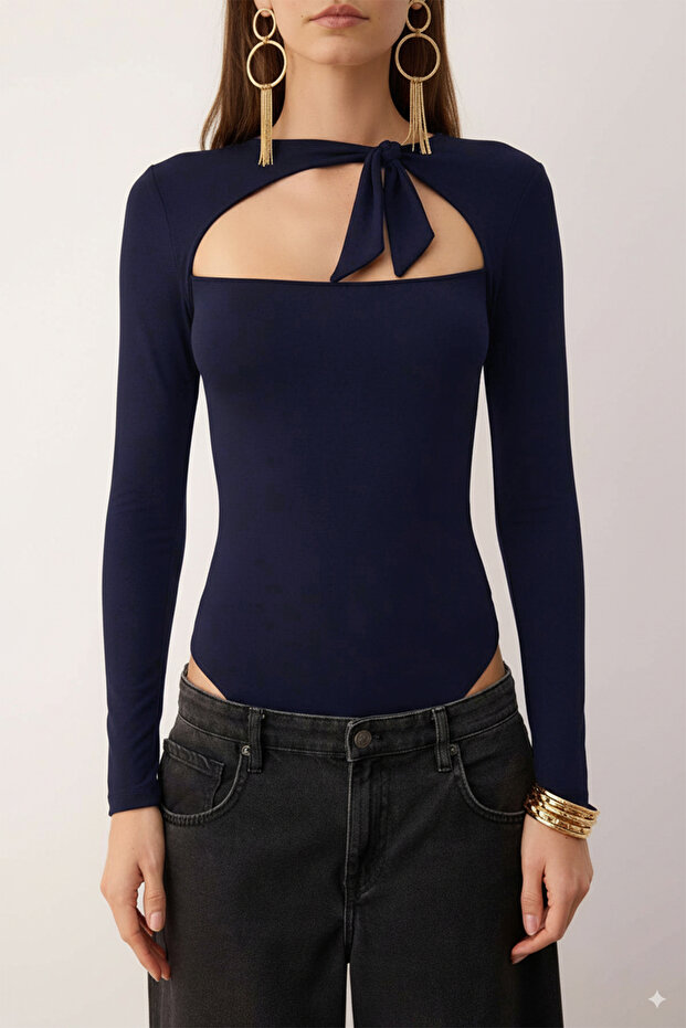 Lacivert Düz Asimetrik Yaka Uzun Örme Sandy Body TPRAW26BD00023 - 3