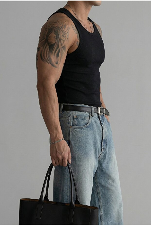 Erkek Basic Fitilli Kumaş Atlet Siyah - 2