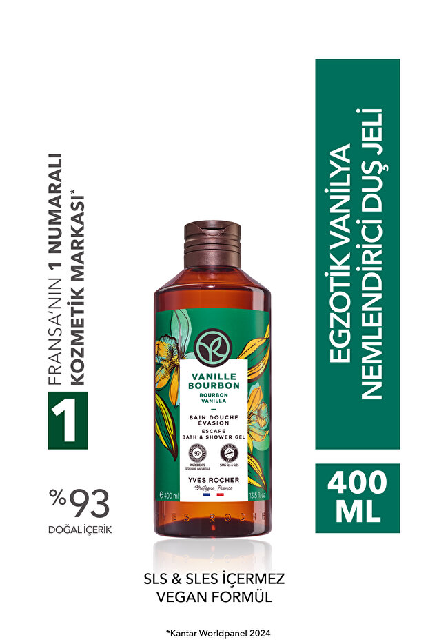 Yves Rocher Duş Jeli - Nemlendirici Egzotik Vanilya -SLS,SLES İçermez,Vegan-400ml