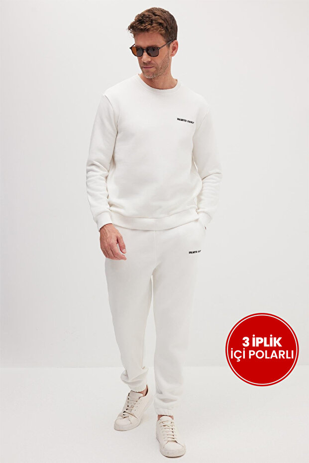 Men's Relax Fit Cotton 3 Thread Soft Textured Inside Fleece Crew Neck White Tracksuit Set
