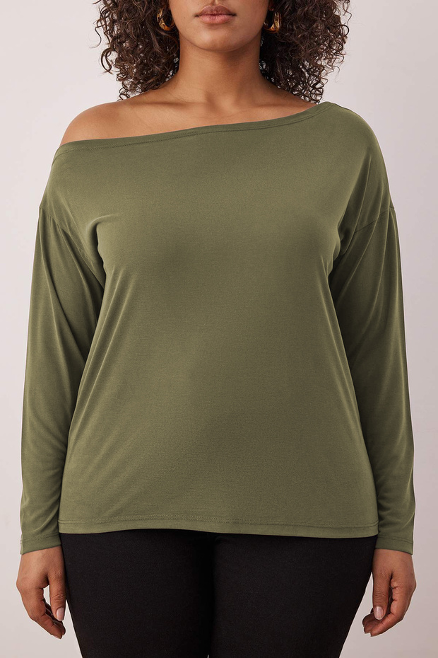 Yeşil Modal Kumaş Kayık Yaka Relaxed/Rahat Kesim Örme Büyük Beden Bluz TBBAW25AF00044 - 3