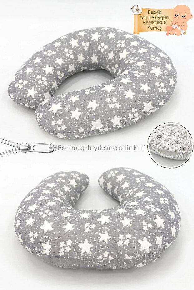 Double-Sided Breastfeeding Baby Support Cushion Maternity Pillow Cotton Fabric, Big Stars Series, Gray