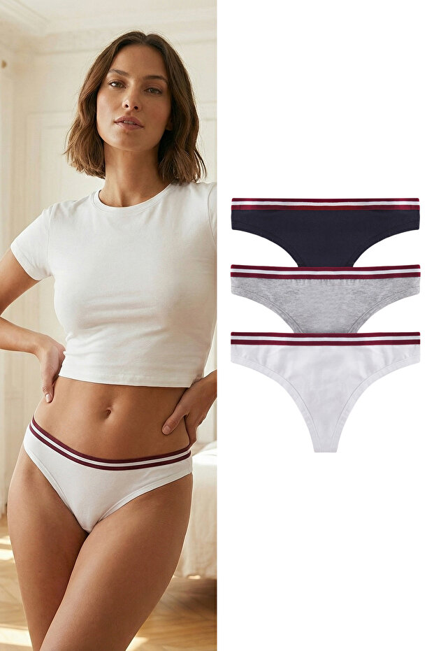 Lacivert-Çok Renkli 3'lü Paket Pamuklu Lastik Detaylı Tanga Örme Külot THMSS25KU00034 - 1