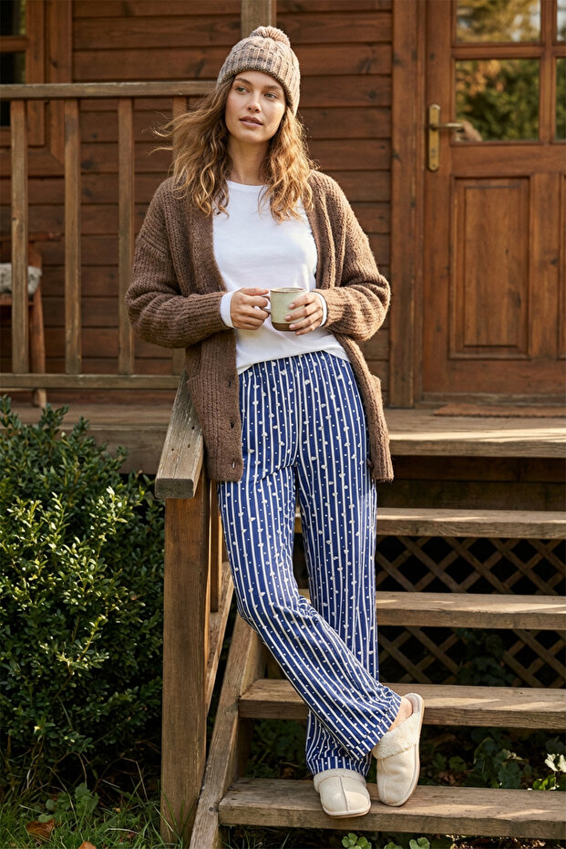 Lacivert Pamuklu Çizgili ve Kalpli Örme Pijama Altı THMSS23PJ00002 - 1