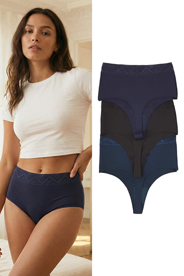 Lacivert-Çok Renkli 3'lü Paket Micro Dantel Detaylı Tanga Örme Külot THMAW26KU00028 - 1