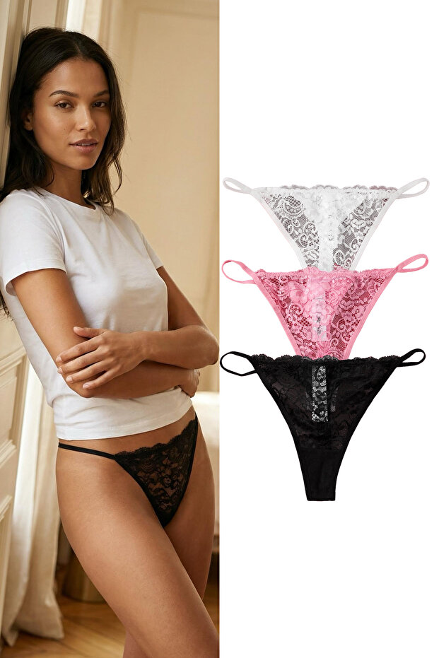 Siyah-Pembe-Beyaz 3'lü Paket Dantel Tanga Örme Külot THMSS25KU00006 - 1