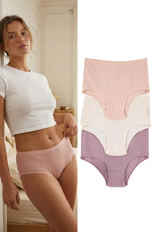 Pembe-Çok Renkli 3'lü Pamuklu Fitilli Hipster Örme Külot THMAW26KU00030 - 1