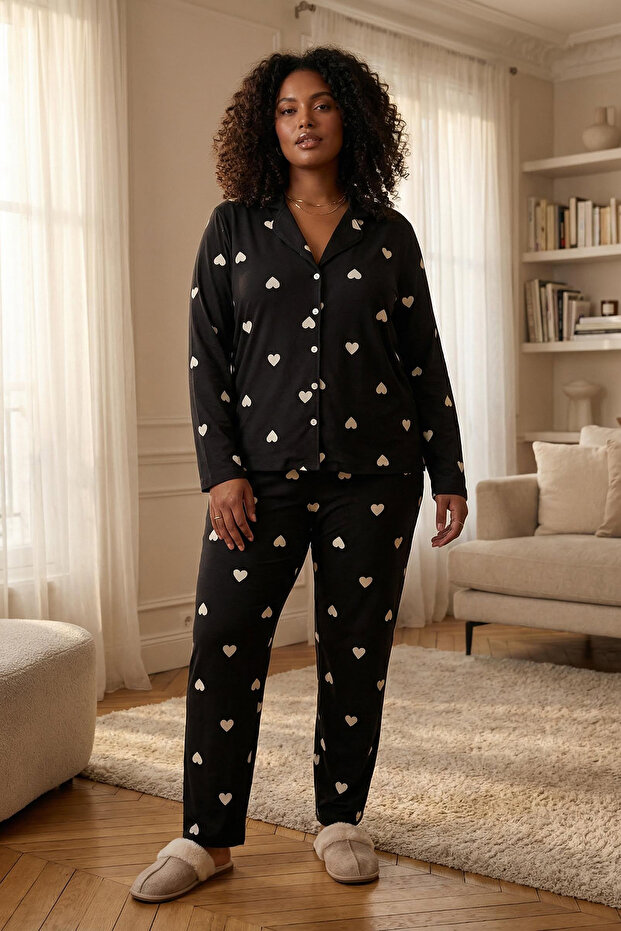 Siyah Kalpli Gömlek Yaka Örme Pijama Takımı TBBAW23AI00019 - 1