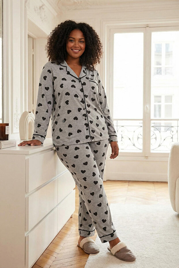 Gri Kalpli Gömlek Yaka Örme Pijama Takımı TBBAW23AI00015 - 1