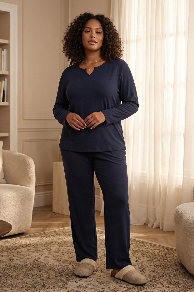 Lacivert V Yaka Kaşkorse Örme Pijama Takımı TBBAW25AI00046 - 1
