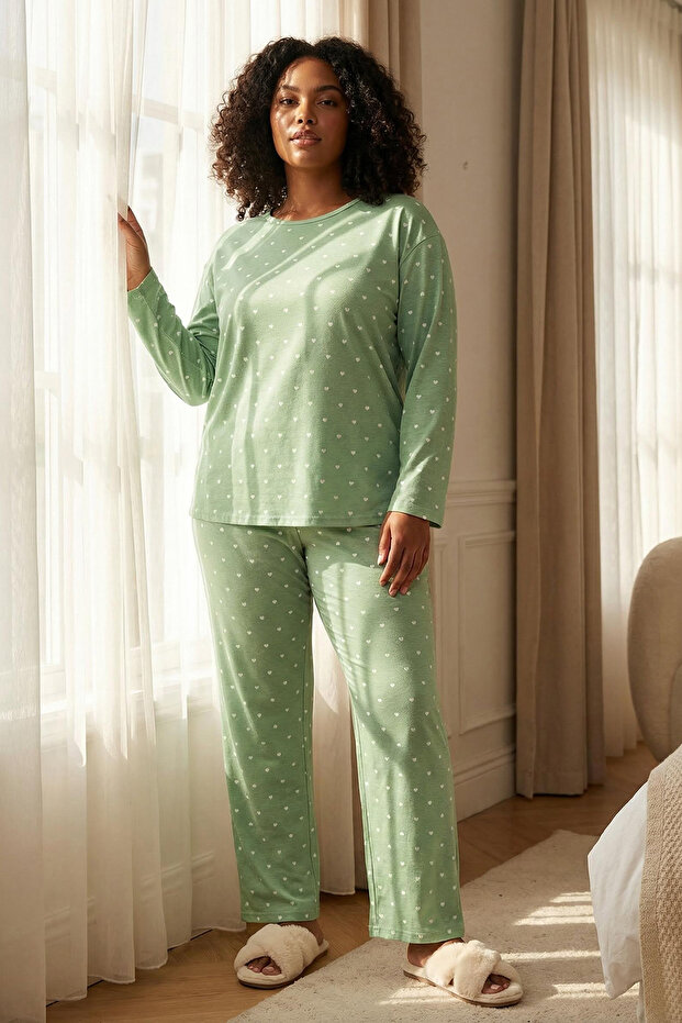 Mint Kalp ve Puantiye Desenli Örme Pijama Takımı TBBAW25AI00065 - 2