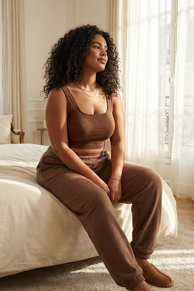 Kahverengi Seamless/Dikişsiz Balensiz Kapsız Esnek Bralette Örme Büyük Beden Sütyen TBBSS23CW00000 - 2