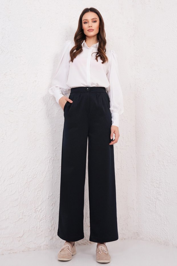 Navy Blue Wide Leg High Waist Pleated Palazzo Trousers Alc-X14713