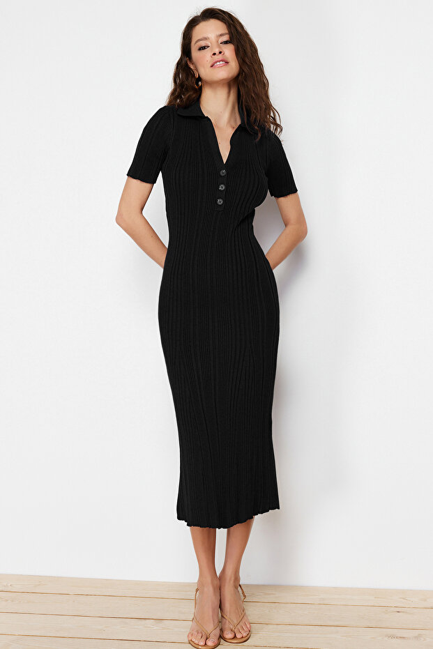 Siyah Maxi Polo Yaka Triko Elbise TWOSS24EL00282 - 1