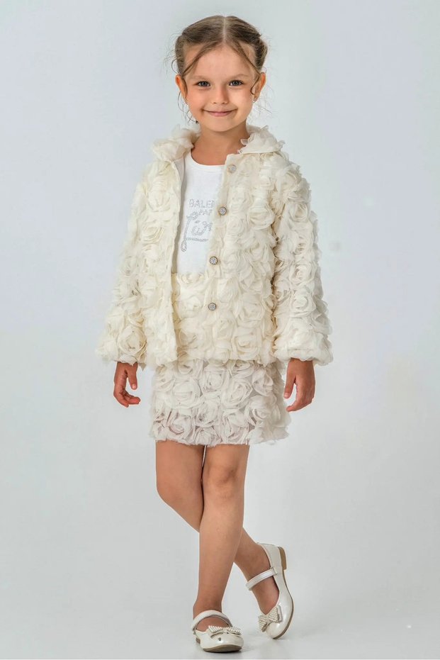 Girl's 3-Piece Special Occasion Set (Jacket + T-Shirt + Skirt) - Floral Textured, Stylish and High-Quality | 2-5 Years Old