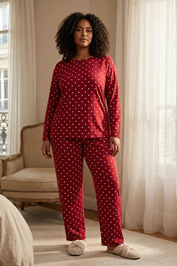 Bordo Kalp ve Puantiye Desenli Örme Pijama Takımı TBBAW25AI00065 - 1