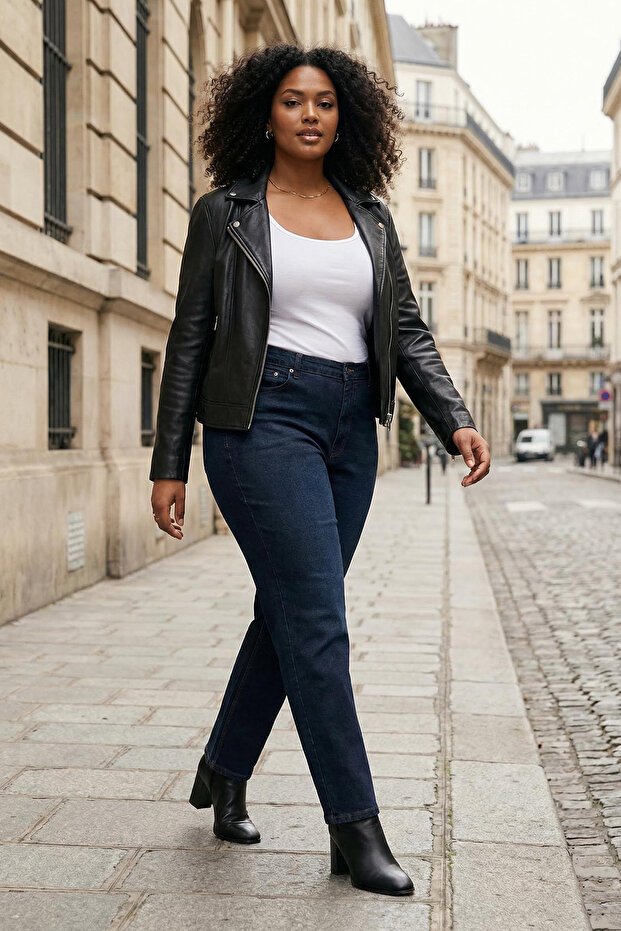 Koyu Mavi Yüksel Bel 90'lar Straight Fit Büyük Beden Jeans TBBAW26CJ00052 - 1