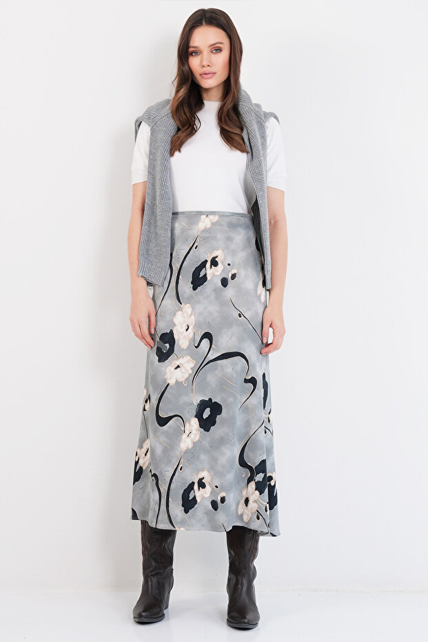 Gray Floral Patterned Zippered Satin Midi Skirt Alc-X14782