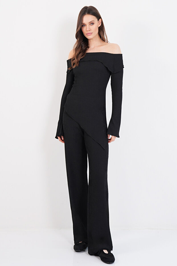 Black Carmen Collar Asymmetrical Cut Blouse and Palazzo Trousers Set Alc-X14805