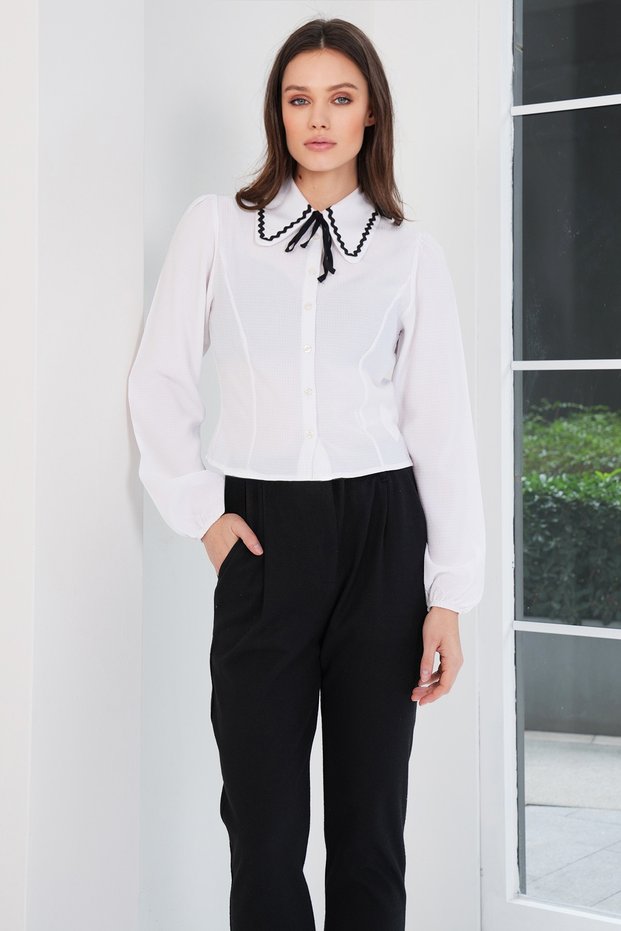 White Collar Embroidery and Ribbon Detailed Woven Shirt Alc-X14788