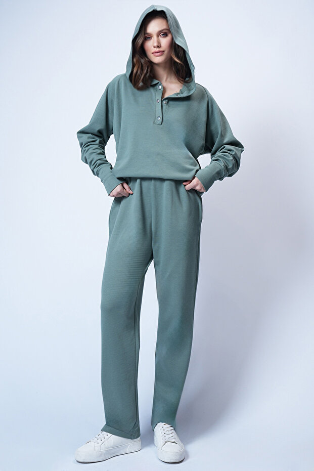 Mint Hooded Snap Fastener Oversize Sweatshirt and Pants Top and Bottom Set Alc-X12476