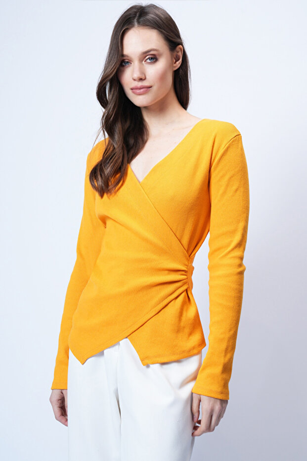 Mustard Yellow Double-Breasted Blouse with Draped Detail Alc-X14707