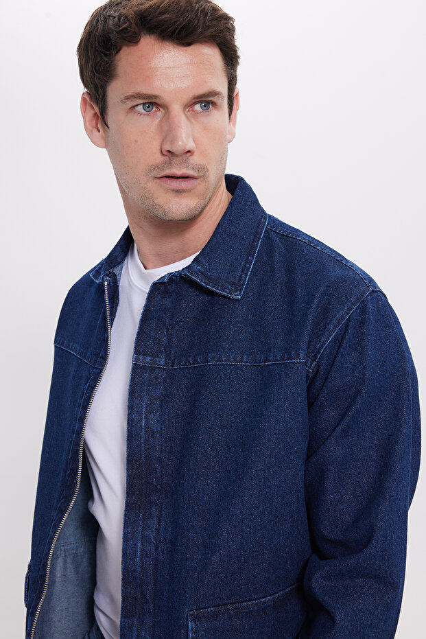 Men's relaxed fit comfortable double pocket denim navy blue jean jacket shirt
