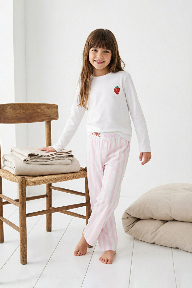 Pembe Kız Çocuk Baskılı Örme Alt-Üst Pijama Takımı TKDAW26PT00008 - 1