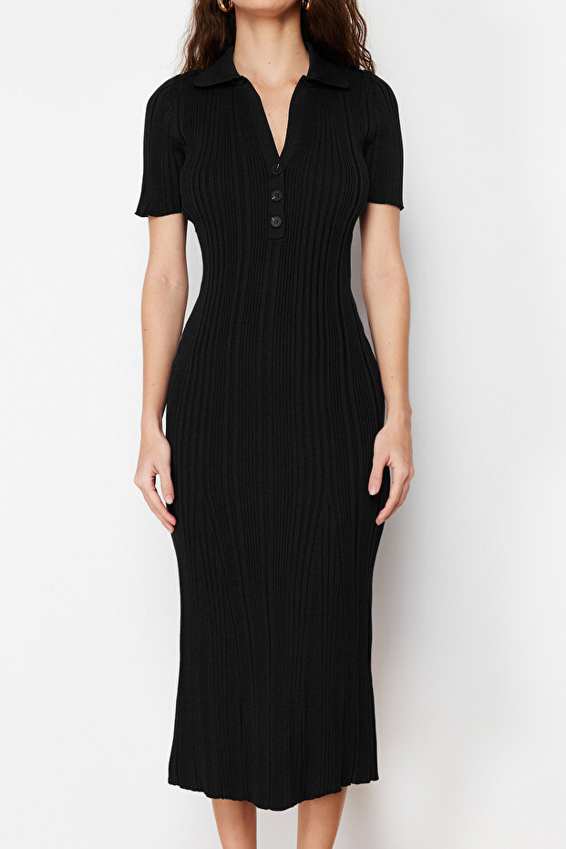 Siyah Maxi Polo Yaka Triko Elbise TWOSS24EL00282 - 5