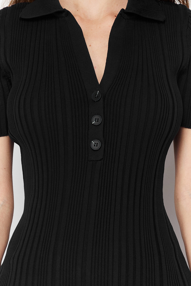 Siyah Maxi Polo Yaka Triko Elbise TWOSS24EL00282 - 4