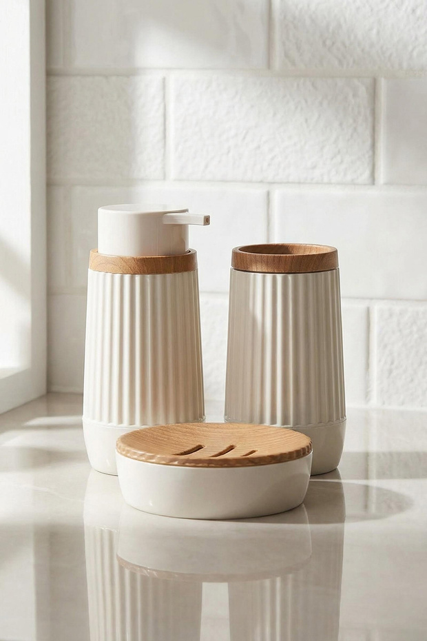 3lü Plastik Ahşap Görünüm Detaylı Sabunluk Banyo Seti TPHSS25BST00001 - 1