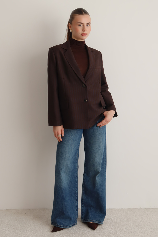 Hnědá tmavě modrá pruhovaná oversize bunda TWOAW26BC00025 - 3