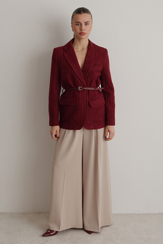 Burgundy Checkered Striped Belted Woven Blazer Jacket Twoaw26Bc00072 - 4