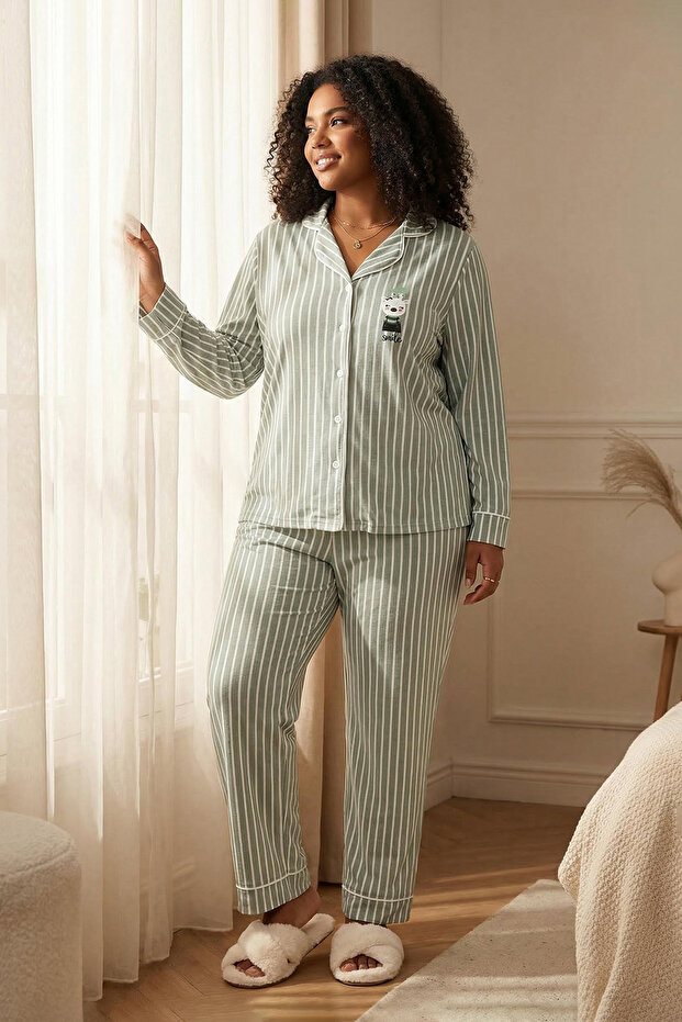 Mint Çizgili Gömlek Yaka Biyeli Örme Pijama Takımı TBBAW25AI00052 - 1