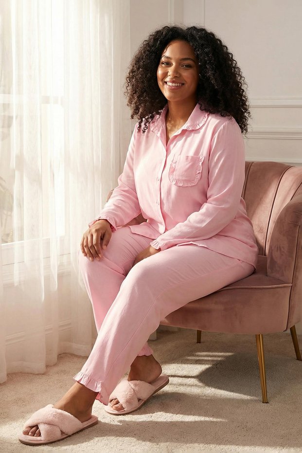 More Sustainable Pink Frilly Pocket Detailed Viscose Woven Pajama Set Tbbaw26Ai00033