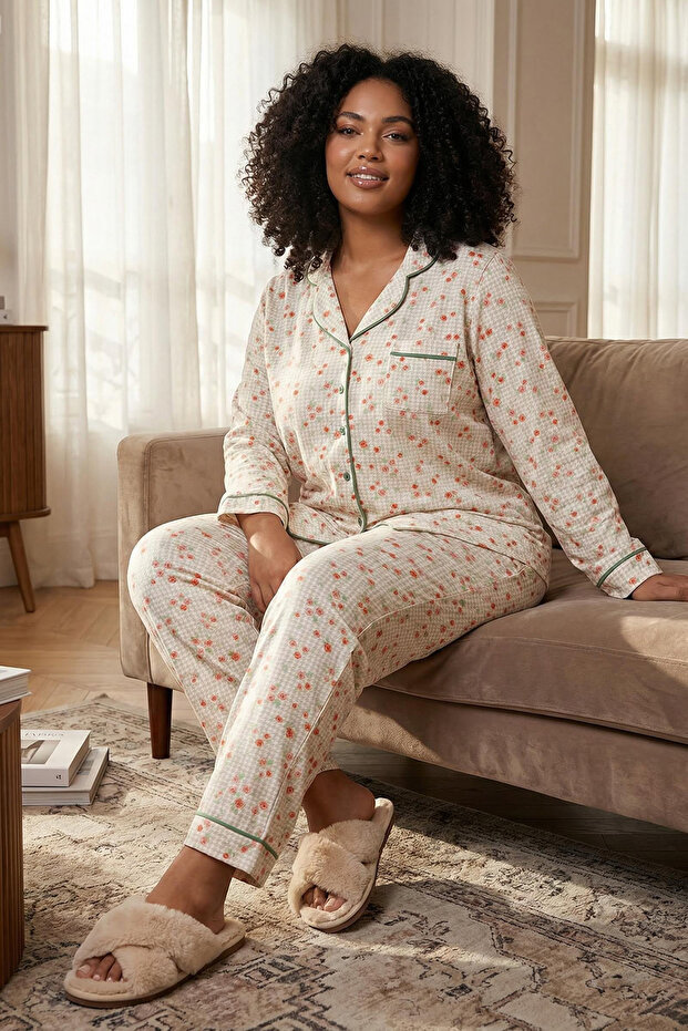 Mint %100 Pamuklu Çiçekli Biyeli Örme Pijama Takımı TBBAW26AI00007 - 2