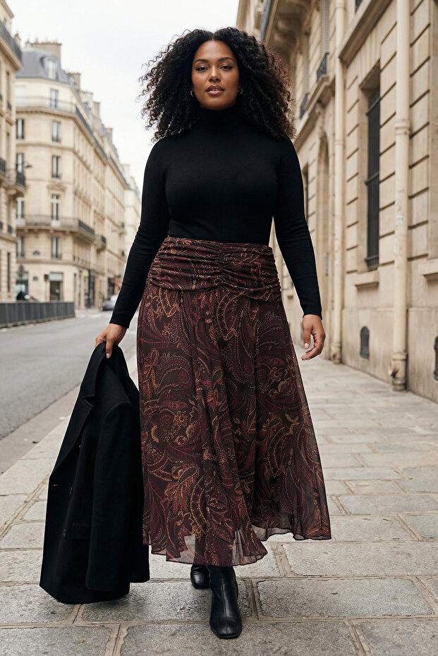 Çok Renkli Maxi Büzgü/Drape Detaylı Boho/Boho Chic Basklılı Tül Esnek Örme Etek TBBAW26AZ00059 - 2