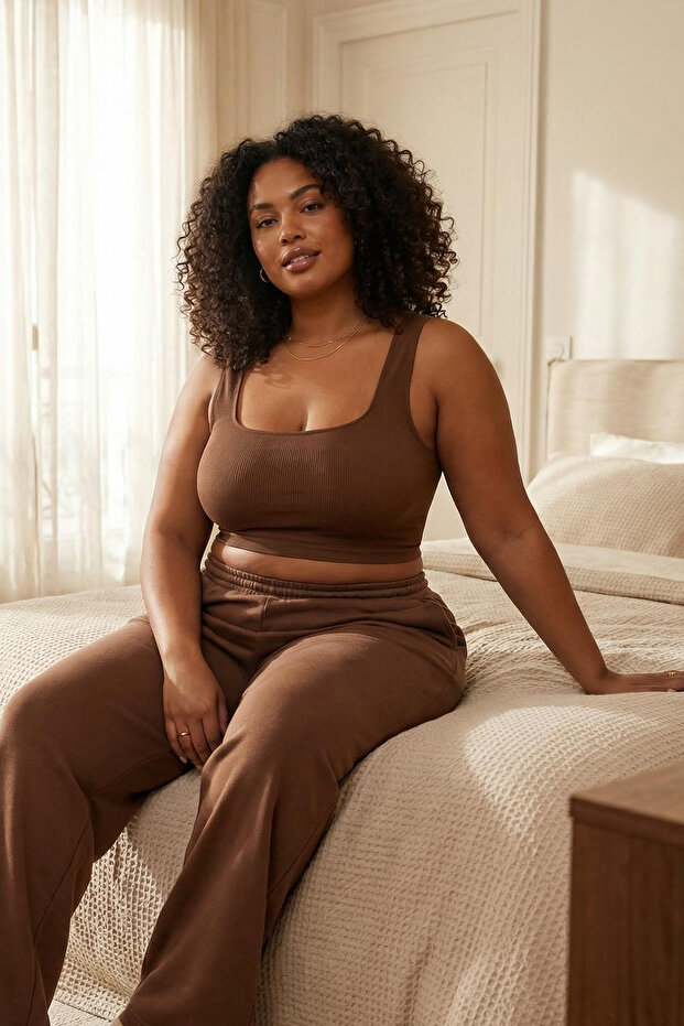Kahverengi Seamless/Dikişsiz Balensiz Kapsız Esnek Bralette Örme Büyük Beden Sütyen TBBSS23CW00000 - 1