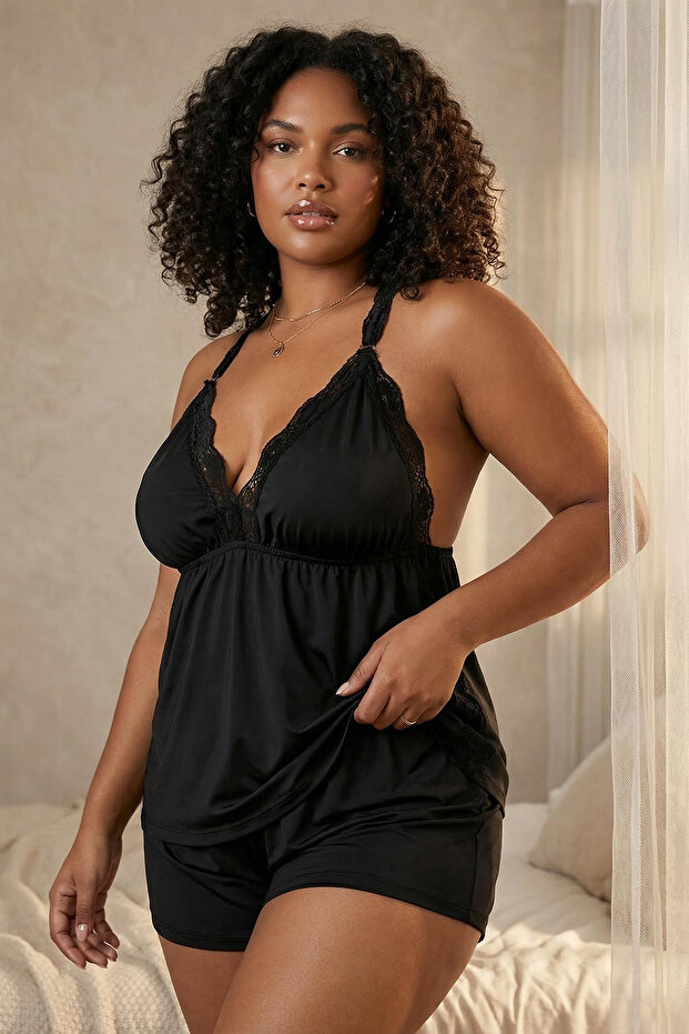 Siyah V Yaka Dantelli Örme Pijama Takımı TBBSS25AI00087 - 3
