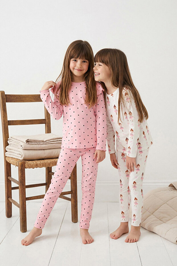 Pudra-Ekru Baskılı Yumuşak Dokulu 4'lü Örme Regular Kız Çocuk Alt-Üst Pijama Takımı TKDAW26PT00012 - 2