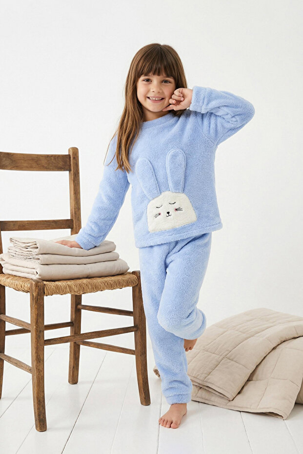 Açık Mavi Mini Me Peluş Örme Kız Çocuk Kalın Pijama Takımı TKDAW26PT00014