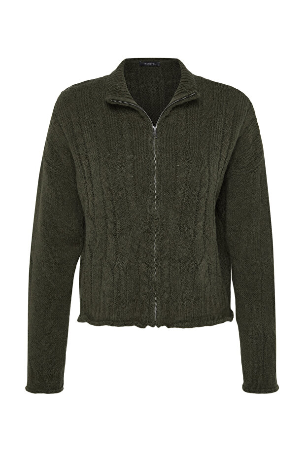 Haki Crop Yumuşak Dokulu Fermuarlı Saç Örgülü Triko Hırka TWOAW24HI00202 - 7