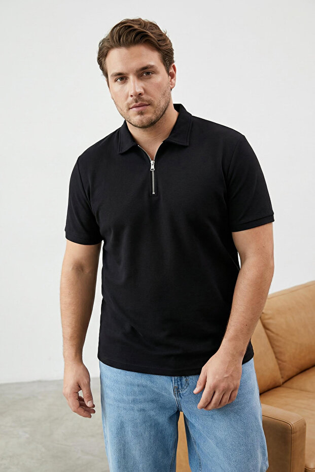 Black Large Size Oversize/Wide Cut Textured Polo Collar T-Shirt Tmnss25Bp00006