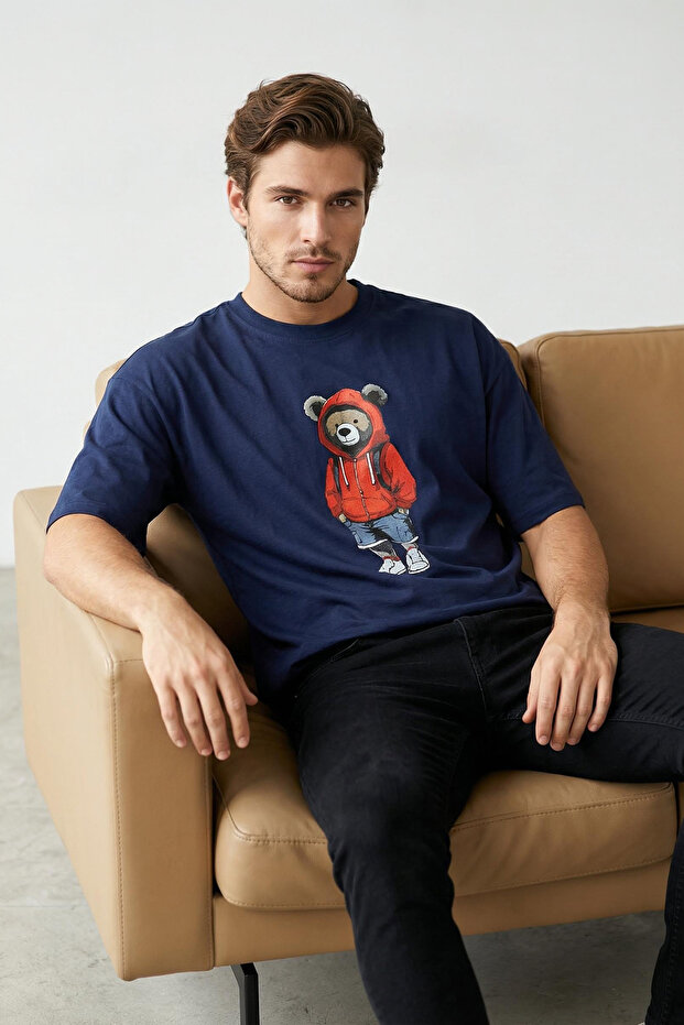Lacivert Unisex Oversize/Geniş Kesim Ayıcık Baskılı %100 Pamuklu T-Shirt TMNSS25TS00158 - 2