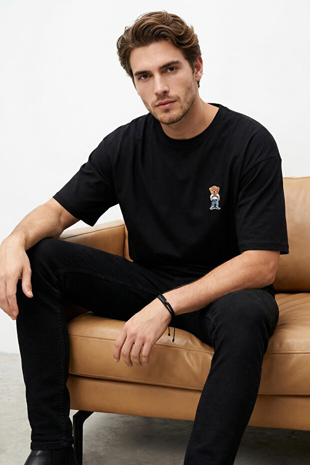 Siyah Unisex Oversize/Geniş Kesim Ayıcık Baskılı %100 Pamuklu T-Shirt TMNSS25TS00161 - 1
