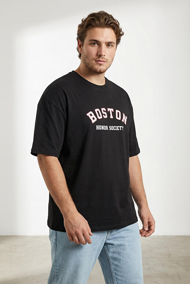 Büyük Beden Siyah Oversize/Geniş Kesim Şehir Baskılı %100 Pamuklu T-Shirt TMNSS23TS00135 - 1