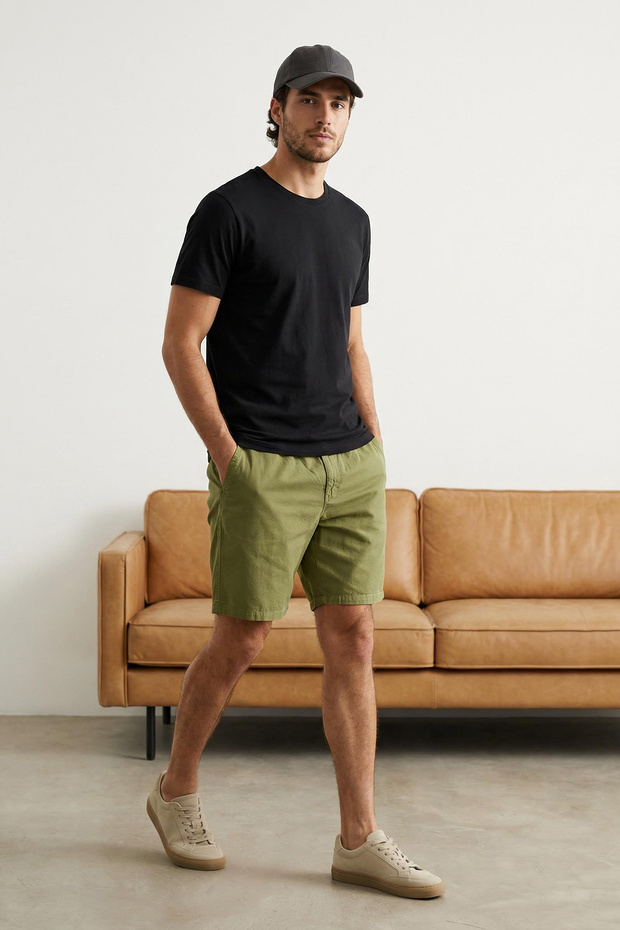 Haki Loose Fit Pamuklu Bağcıklı Büyük Beden Şort TMNSS23SR00056 - 2