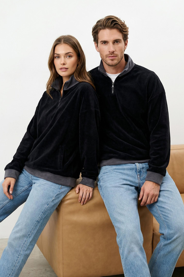 Lacivert Oversize/Geniş Kesim Dik Yaka Renk Blok Anti-pilling Polar Polar Sweatshirt TMNAW24SW00036 - 1