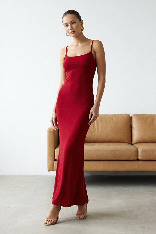 Kırmızı Maxi Bodycone/Vücuda Oturan Askılı Esnek Örme Elbise TWOSS23EL02435 - 3